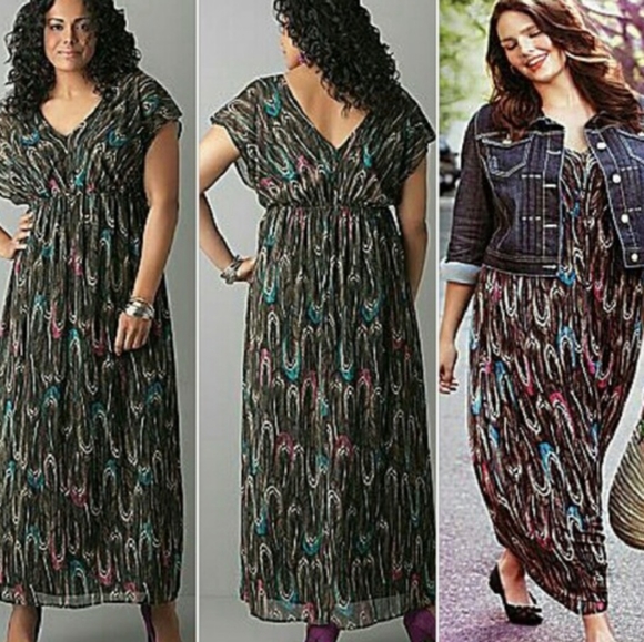 Lane Bryant Dresses & Skirts - Lane Bryant Double Vneck Feather Print Maxi Dress